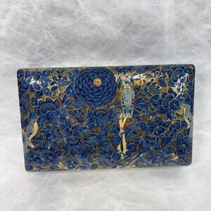 Blue & Gold Lacquer Ware Floral Decorative Box with Birds Hand Painted Wood